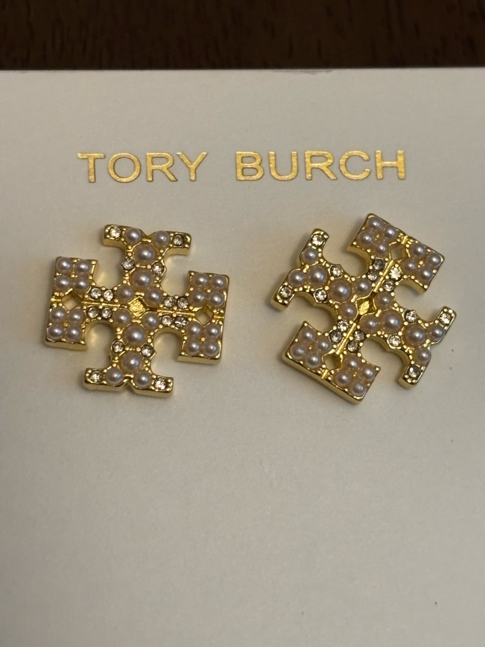 Brand new Tory Burch Gold-plated Logo Pearl Accent Stud Earrings